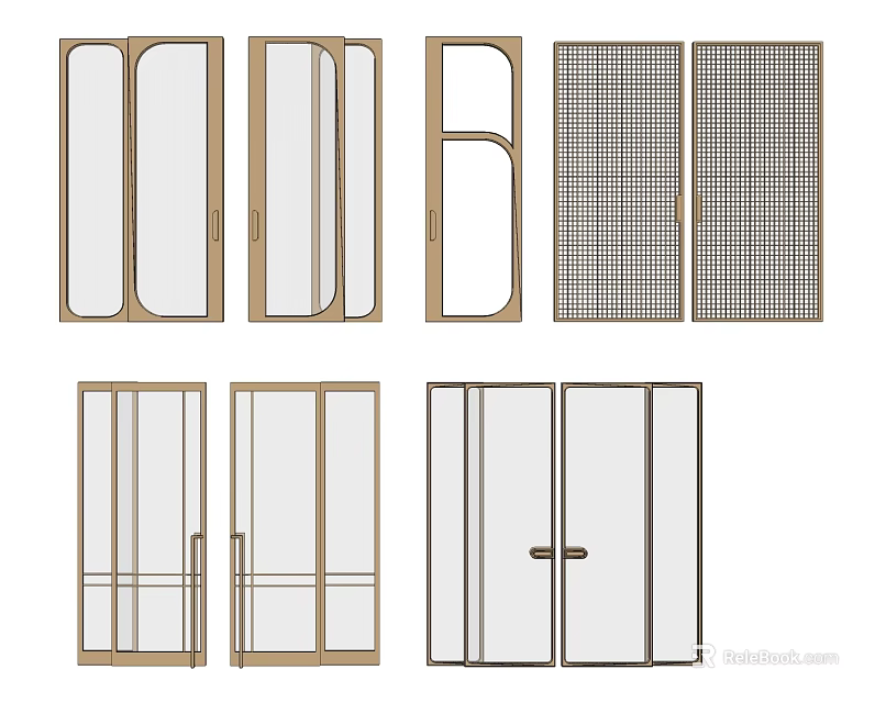 Multiple Sliding Door Styles Featuring Diverse Frame Designs And Glass Grids 3d model