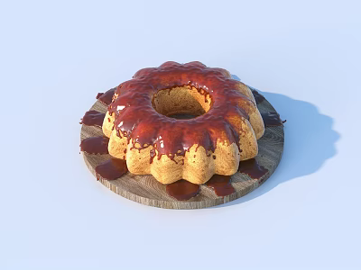 Freshly Baked Golden Brown Bundt Cake with Red Glaze on Wooden Platter 3d model