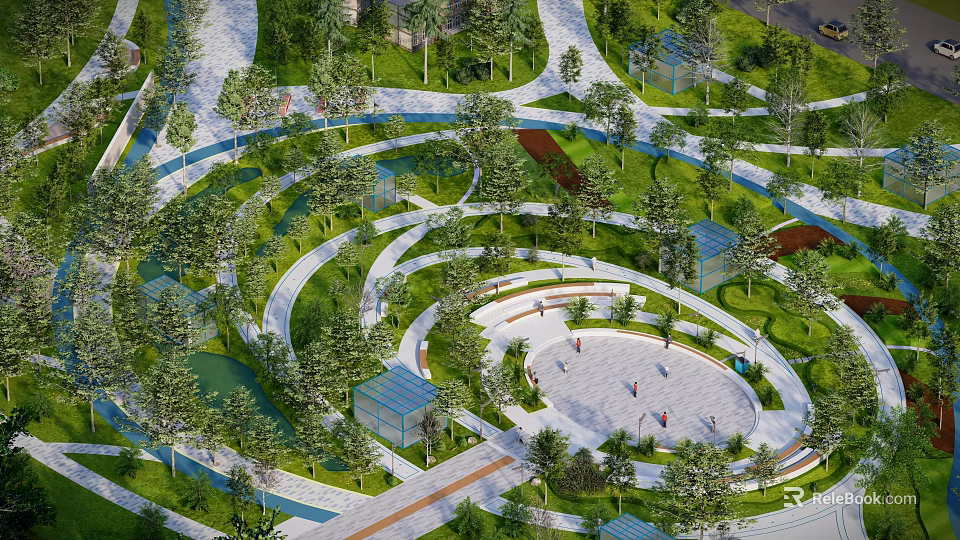 Modern Urban Park Landscape With Curved Paths Central Plaza Green Trees And Seating 3d model 