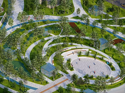 Modern Urban Park Landscape With Curved Paths Central Plaza Green Trees And Seating 3d model