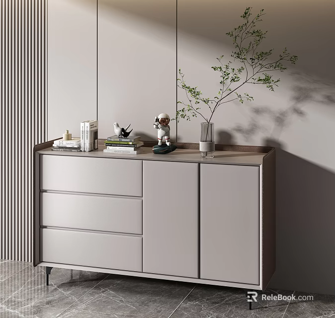 Modern Entryway Console Side Cabinet With Drawers Books Plant And Vase 3d model 
