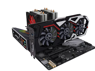 High Performance Graphics Card With Dual Fans And Heatsinks On Motherboard 3d model High Performance Graphics Card With Dual Fans And Heatsinks On Motherboard 3d model