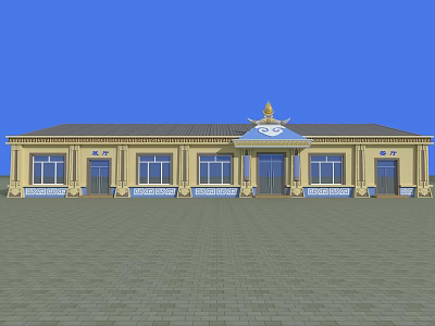 Traditional Yellow Building With Blue Decorative Roof Windows Doors And Paved Square Front 3d model