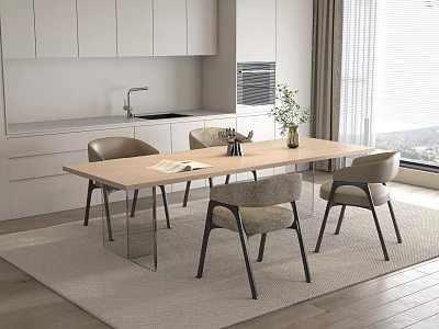 Elegant Luxury Dining Table Set In Modern Kitchen With Wooden Top And Metal Leg Chairs 3d model
