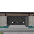 Modern Entrance Gate With Gray Stone Walls Sloped Canopy Stone Pathway Flanked by Green Lawns