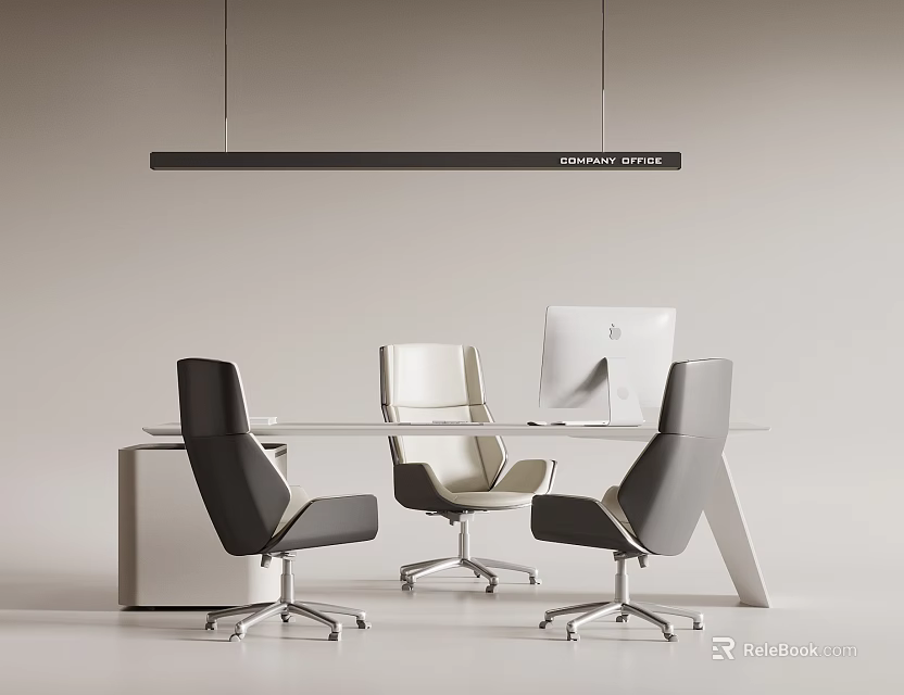 Modern Minimalist Office Desk With Three Chairs Computer Monitor And Pendant Light 3d model 
