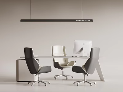 Modern Minimalist Office Desk With Three Chairs Computer Monitor And Pendant Light 3d model