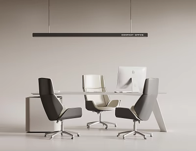 Modern Minimalist Office Desk With Three Chairs Computer Monitor And Pendant Light 3d model