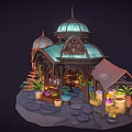 Enchanted Cartoon Greenhouse Scene With Wooden Gazebo And Potted Plants