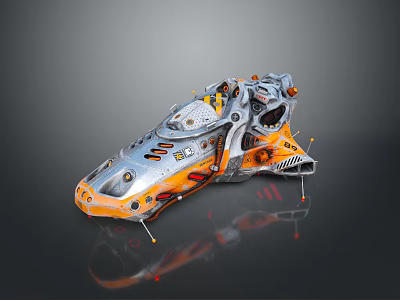 Futuristic Silver And Orange Mechanical Vehicle Featuring Complex Design And Cockpit Interior 3d model