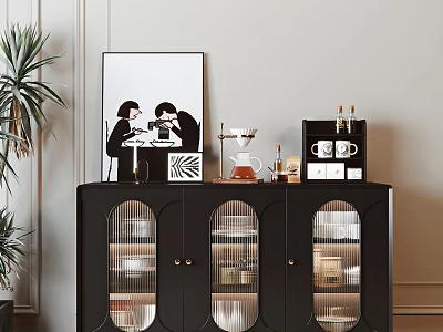 Modern Black Sideboard With Glass Doors Decorative Painting Coffee Machine And Green Plants 3d model