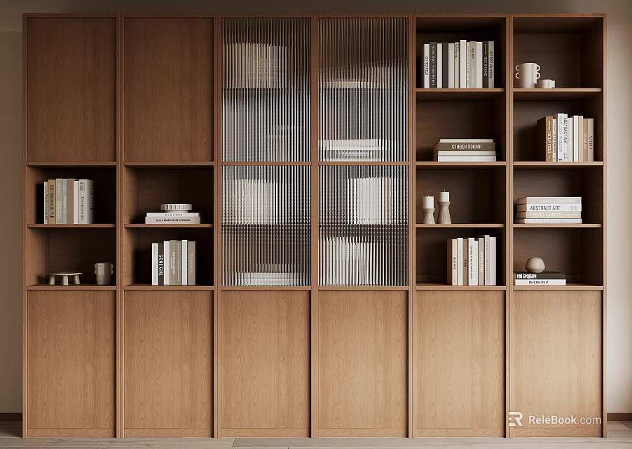 Modern Wooden Bookcase Interior Design With Open Shelves Closed Cabinets And Multiple Storage Compartments 3d model 