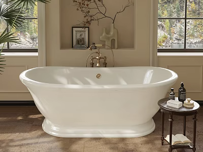 White Freestanding Bathtub With Brass Faucet Beside Window Small Table Palm Plant And Decorative Items 3d model