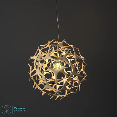 Unique Irregular Pendant Light with Golden Geometric Spherical Structure and Warm Illumination 3d model