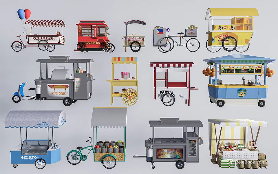 Colorful Mobile Street Food Carts With Various Designs And Shade Awnings 3d model 