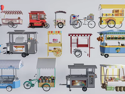 Colorful Mobile Street Food Carts With Various Designs And Shade Awnings 3d model