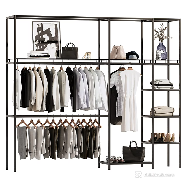 Clothing Rack Displaying Various Clothes Bags And Shoes 3d model 