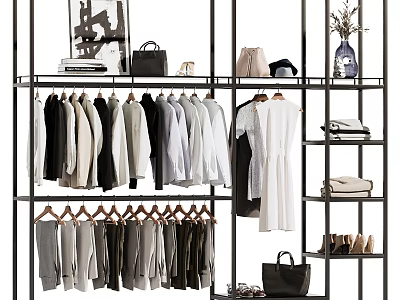 Clothing Rack Displaying Various Clothes Bags And Shoes 3d model