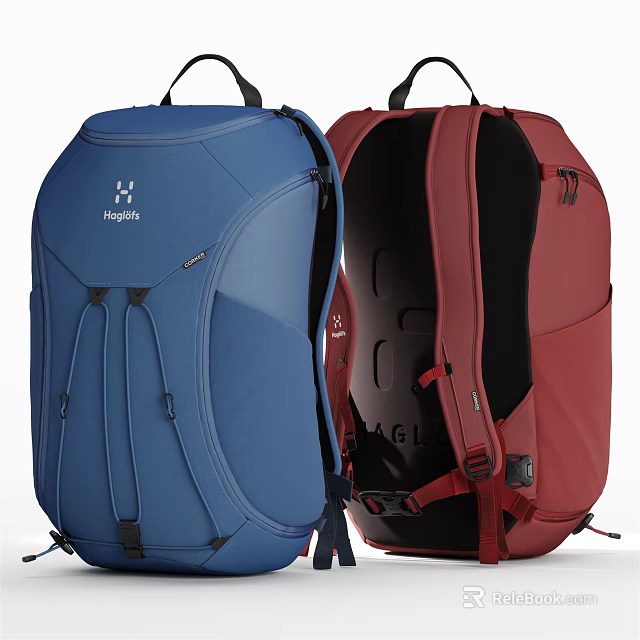 Haglofs Blue And Red Backpacks With External Design And Internal Structure 3d model