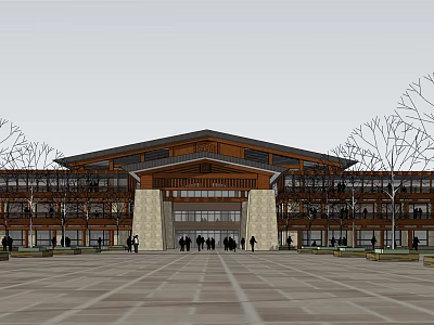 Traditional Style Multi Story Public Building With Plaza Front And Crowd Gathering 3d model