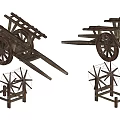 Handmade Wooden Carts And Windmill Models Display On Blue Background 3d model