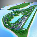 Modern Scenic Island With Surrounding Water Curved Roads Green Areas And Facilities
