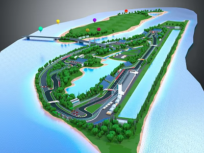 Modern Scenic Island With Surrounding Water Curved Roads Green Areas And Facilities 3d model