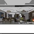 Elegant Open American Style Living And Dining Room With Comfortable Furniture And Luxury Golden Chandeliers