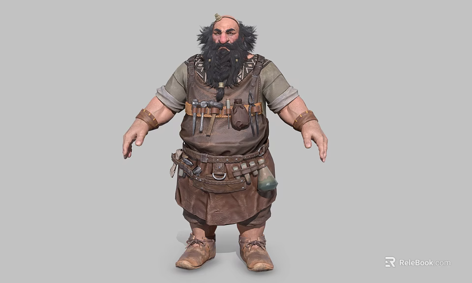 Bald Man With Long Beard Wearing Leather Outfit And Tools On Belt 3d model 