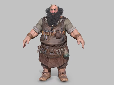 Bald Man With Long Beard Wearing Leather Outfit And Tools On Belt 3d model