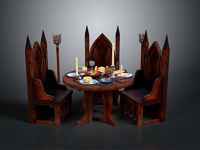 Medieval Style Round Wooden Dining Table With High Back Chairs Candles Food Plates And Goblets 3d model