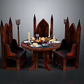 Medieval Style Round Wooden Dining Table With High Back Chairs Candles Food Plates And Goblets