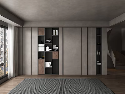 Gray Modern Accent Wall With Built In Storage Cabinets In Minimalist Living Room Interior 3d model