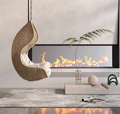 Wicker Hanging Chair in Cozy Living Room with Fireplace and Plants 3d model