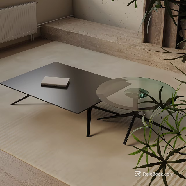 Modern Sofa Coffee Table Set With Glass Top And Black Metal Frame On Rug 3d model 