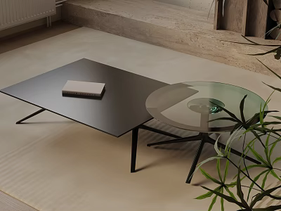 Modern Sofa Coffee Table Set With Glass Top And Black Metal Frame On Rug 3d model