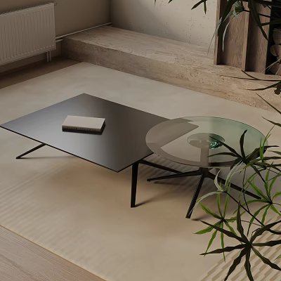 Modern Sofa Coffee Table Set With Glass Top And Black Metal Frame On Rug 3d model