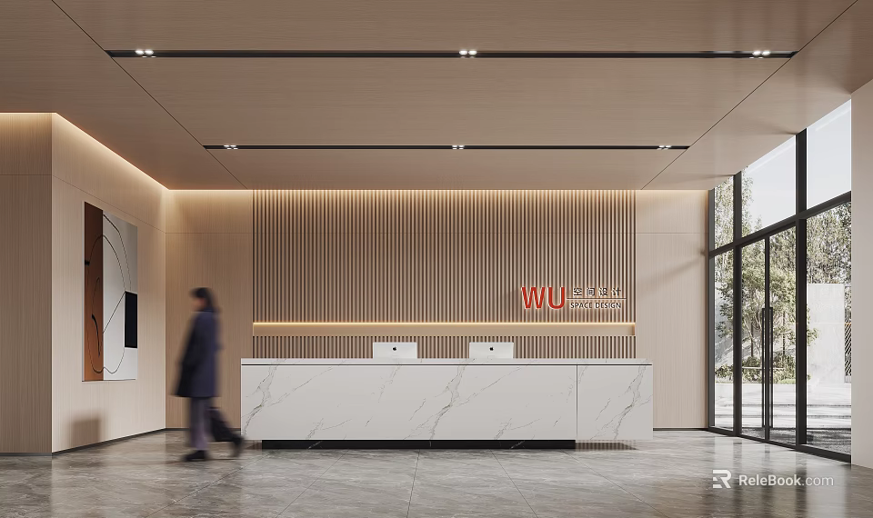 Modern Office Reception Desk With Marble Counter Wooden Striped Backdrop And Branded WU Sign 3d model 