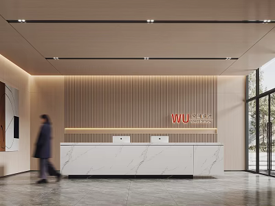 Modern Office Reception Desk With Marble Counter Wooden Striped Backdrop And Branded WU Sign 3d model