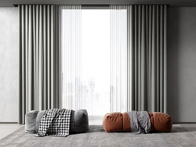 Gray and Brown Ottomans With Blankets By Window In Modern Interior 3d model Gray and Brown Ottomans With Blankets By Window In Modern Interior 3d model