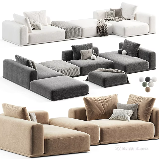 Modern Fabric Sectional Sofa With Neutral Tones Plush Pillows And Ottoman 3d model 