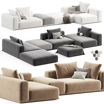 Modern Fabric Sectional Sofa With Neutral Tones Plush Pillows And Ottoman 3d model