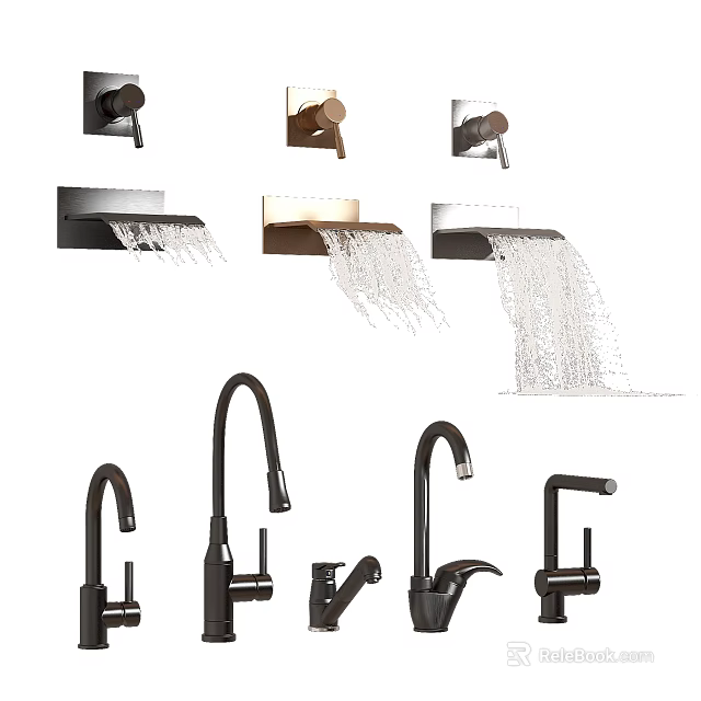 Modern Black Faucet Designs With Waterfall Spout And Various Installation Styles 3d model 