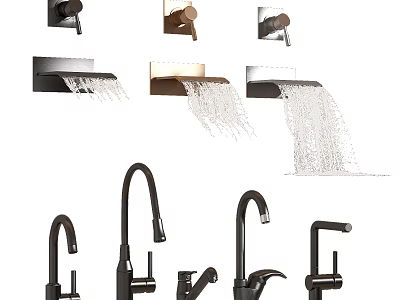 Modern Black Faucet Designs With Waterfall Spout And Various Installation Styles 3d model