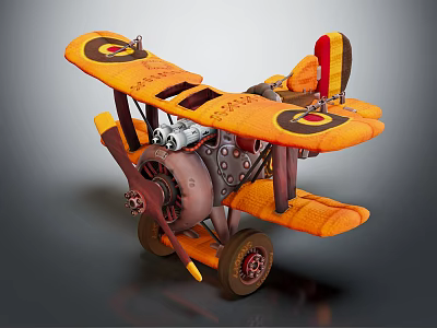 Orange Biplane Model With Propeller Wheels And Circular Logos On Wings 3d model
