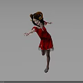 Little Girl In Red Dress With Horned Headdress Dancing Gracefully Against Gray Background