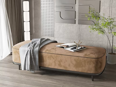 Modern Brown Velvet Ottoman With Plaid Blanket Magazines And Green Plant 3d model