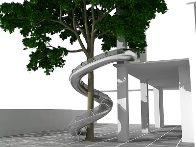 Outdoor Spiral Slide Play Equipment Wrapped Around Tree With White Pillars And Ground 3d model