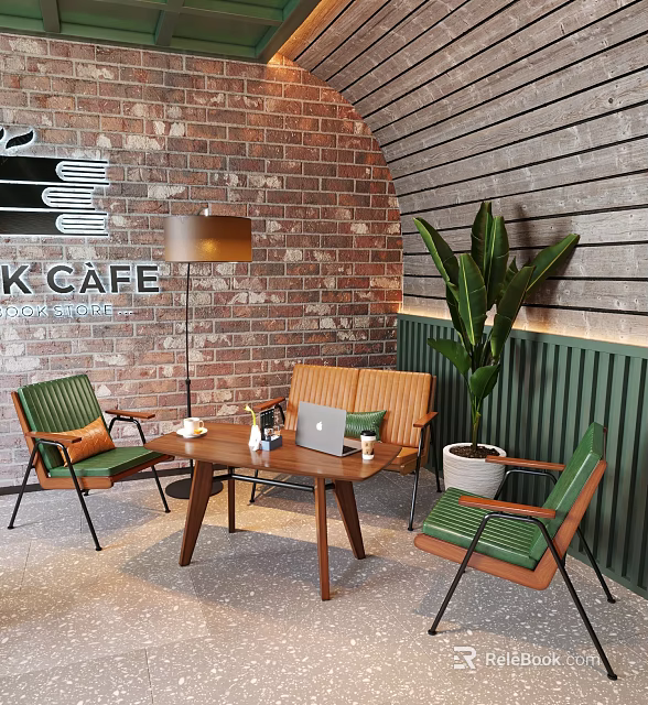 Cozy Cafe Setting With Brick Wooden Walls Floor Lamp Green Plant Brown Table Green Chairs 3d model 
