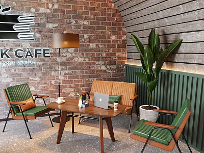 Cozy Cafe Setting With Brick Wooden Walls Floor Lamp Green Plant Brown Table Green Chairs 3d model